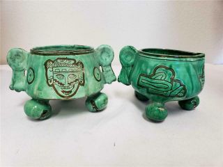 = Vintage Oaxaca Mexico Green Footed Pottery Sugar And Cream Set 4 " Tall Rare