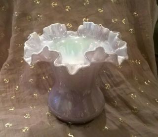 Fenton Iridescent Crest 6 " Layered Glass Lilac And White Ruffled Top Vase