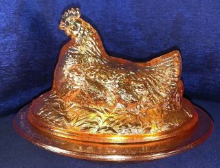 Vintage Depression Carnival Iridescent Glass Hen W/ Chicks Candy Dish