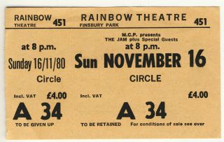 Ticket : The Jam In Concert Rainbow Theatre 16/11/1980