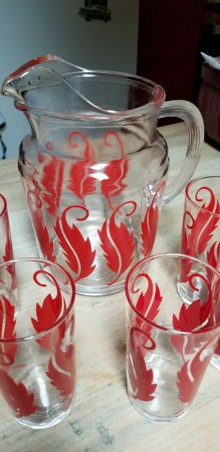 Mid - Century Pitcher Ice Lip Red Leaf With 6 Glasses Box Corning