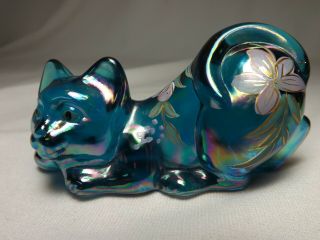 " Fenton " - Pouncing Cat - Iridescent - Blue Green Glass Flowers Signed S Hopkins