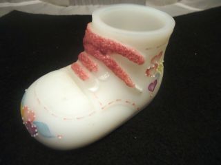 Fenton Hand Painted Satin Glass Baby Shoe With Shoelaces & Hearts