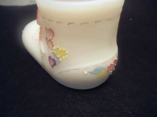 Fenton Hand Painted Satin Glass Baby Shoe with Shoelaces & Hearts 3