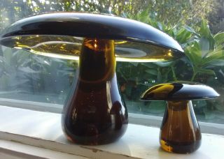 Pair Vintage Hand Blown Art Glass Mushrooms - Root Beer Color Unsigned