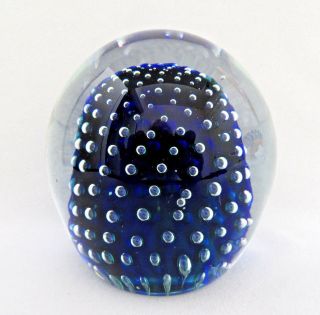 Vintage Murano Italy Cobalt Blue & Controlled Bubbles Art Glass Paperweight