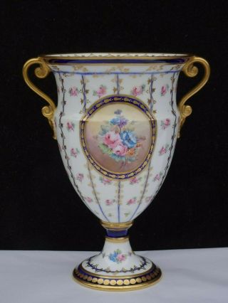 Antique 19th C.  Royal Crown Derby Miniature Urn / Vase Cobalt,  Gilt,  Pink Roses