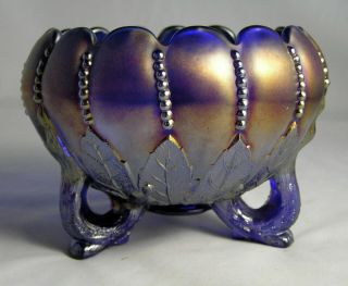 Northwood Amethyst & Blue 4 " Leaf & Beads Carnival Glass Rose Bowl