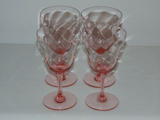 4 Vintage Antique Art Deco Pink Swirl Optic Depression Glass 6 1/2 " Wine Goblets