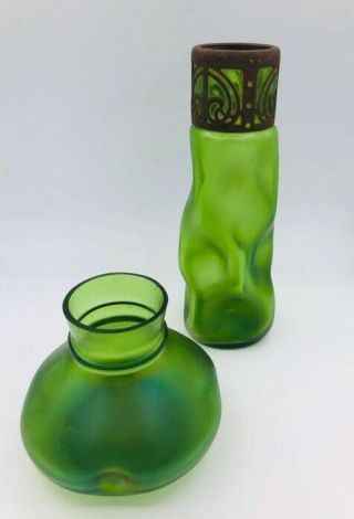 Stozle Art Nouveau Iridescent Vases,  1 With Metal Mount,  20cm & 10cm.  C 1900.