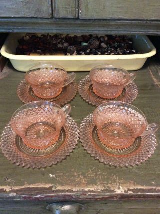 4 Anchor Hocking Miss America Pink Depressing Glass Cups & Saucers