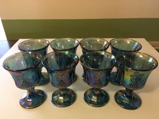 Vintage Indiana Iridescent Blue Carnival Glass Harvest Grape Goblets - Set Of 8