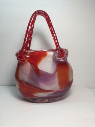 Milano - Style Art Glass Purse Vase Handcrafted Red & White & Clear Handbag