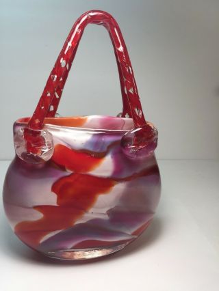 Milano - Style Art Glass Purse Vase Handcrafted Red & White & Clear Handbag 3