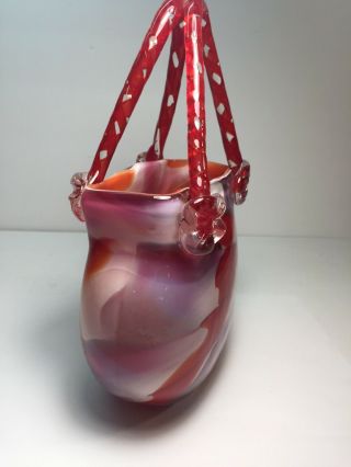 Milano - Style Art Glass Purse Vase Handcrafted Red & White & Clear Handbag 4