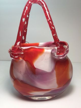 Milano - Style Art Glass Purse Vase Handcrafted Red & White & Clear Handbag 6