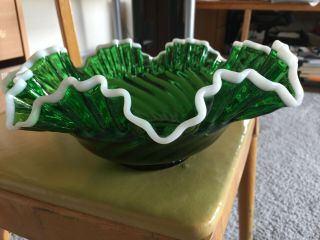 Vintage Fenton Depression Glass Emerald Green Snow Crest Ruffed Rim Bowl 10 "