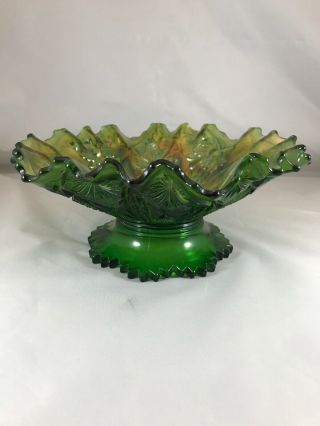 Vintage Green Iridescent Depression Glass Ruffled 9 1/2 " X 4 " Footed Bowl (b)