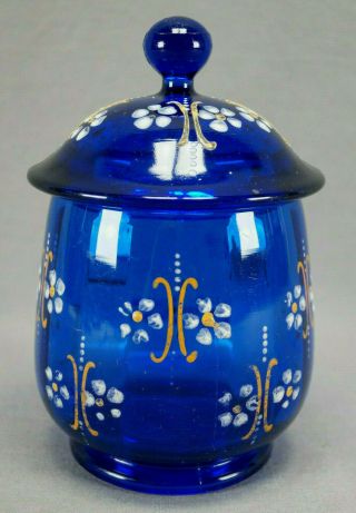 Late Victorian Hand Enameled White Floral Pressed Cobalt Glass Jar / Canister