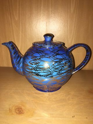 Cardew Design Teapot Goldfish Cobalt Blue With 18ct.  Gold 40oz.