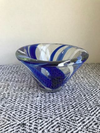 Blue Swirl Hand Blown Art Heavy Glass Bowl Clear White Round Dish 5 " Tall Decor
