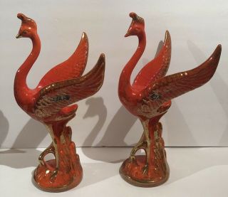 Pair (2) Mid Century Modern Cal - Style Ceramics Manhattan Beach Orange Gold Birds
