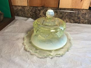 Vintage Yellow Opalescent Glass Covered Round Butter Cheese Dish