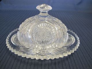 Vintage Oval Clear Cut Eapg Sawtooth Edge Glass Covered Butter Cheese Dish