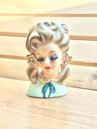 Vintage Head Vase Ponytail Eyelashes 4 1/2” Pearls Flowers Young Teen Girl