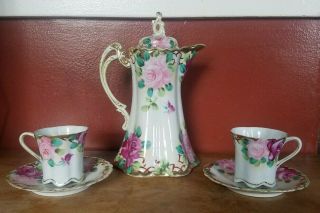 Vintage Hand Painted Pink Roses Nippon Chocolate Pot Set W/2 Cups & Saucers