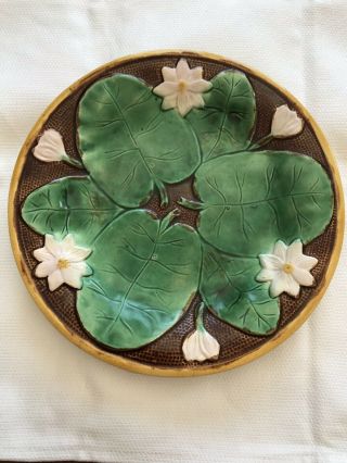 Antique Majolica 9” Plate Water Lily On Brown Background