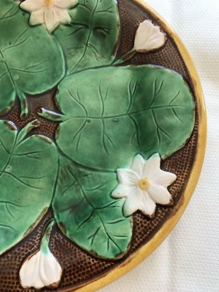 Antique Majolica 9” Plate Water Lily On Brown Background 4