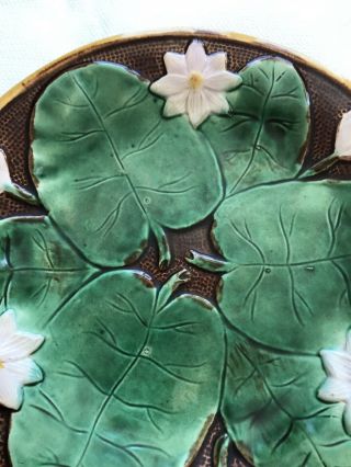 Antique Majolica 9” Plate Water Lily On Brown Background 5