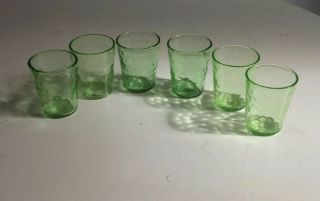 6 Scarce Glowing Green Federal Raindrop Depression Glass Whiskey Shot Glasses