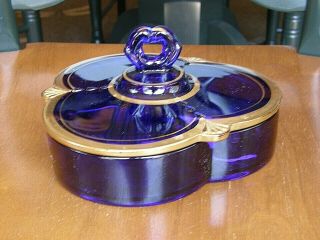 Crows Foot Covered Candy Dish Ritz/cobalt Blue W/gold Paden City 3 Part - Elegant