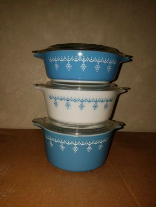 Vintage 3 Pc Pyrex Bowl Set Garland Snowflake 473 472 471 W/ Lids - 6 Pc Total