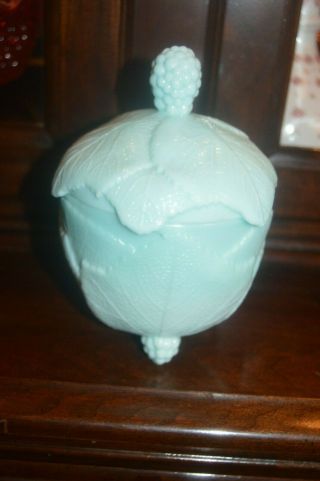 Vintage Fostoria Blue Green Milk Glass Grape Leave Covered Candy Dish