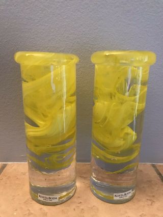 Pair Kosta Boda Yellow Atoll Candlesticks Glass Candleholders Anna Ehrner B11