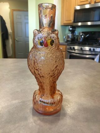 Antique Cambridge Glass Pink Glass Bottle Decanter Owl Figural Hand Painted