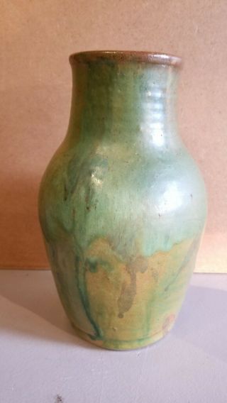Vtg Early Signed Walter Wn Owen Green Drip Glaze Nc Pottery Vase 9 1/2 "