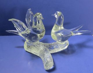 Heavy Clear Glass Doves On A Branch Art Glass Figures