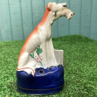 Mid 19thc Staffordshire Seated Greyhound Dog With Rabbit In Mouth C1860s