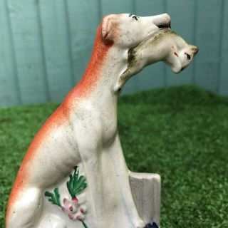 MID 19thC STAFFORDSHIRE SEATED GREYHOUND DOG WITH RABBIT IN MOUTH c1860s 2
