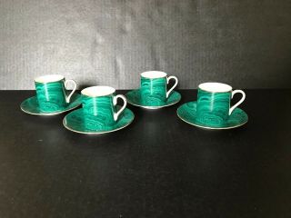Set Of 4 Neiman Marcus Japan Green Malachite Porcelain Demitasse Cups & Saucers