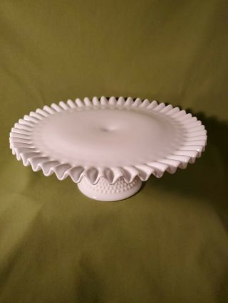 Vintage 12 3/4 " Cake Plate Fenton Hobnail Pedestal Ruffled White Milk Glass