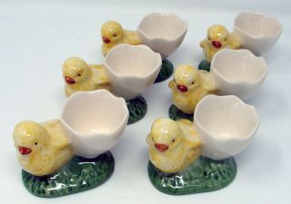 Set Of 6 Chicks & Grass Egg Cups Holders Bordallo Pinheiro Portugal Easter