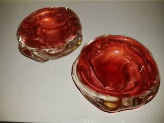Two Vintage Murano Art Glass Salmon / Dark Pink And Gold Heavy 5 In.  Bowls