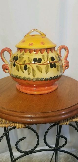 Vintage Italica Ars Pottery Sugar Bowl With Lid Hand Painted Made In Italy