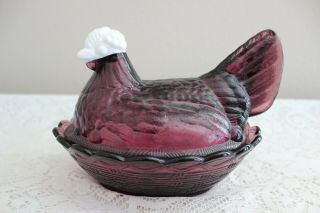Fenton Glass 8 " Amethyst Hen On Nest W/ Milk Glass Head Covered Dish