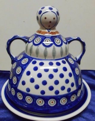 Vintage Boleslawiec Polish Pottery Domed Lady Cheese/butter Dish